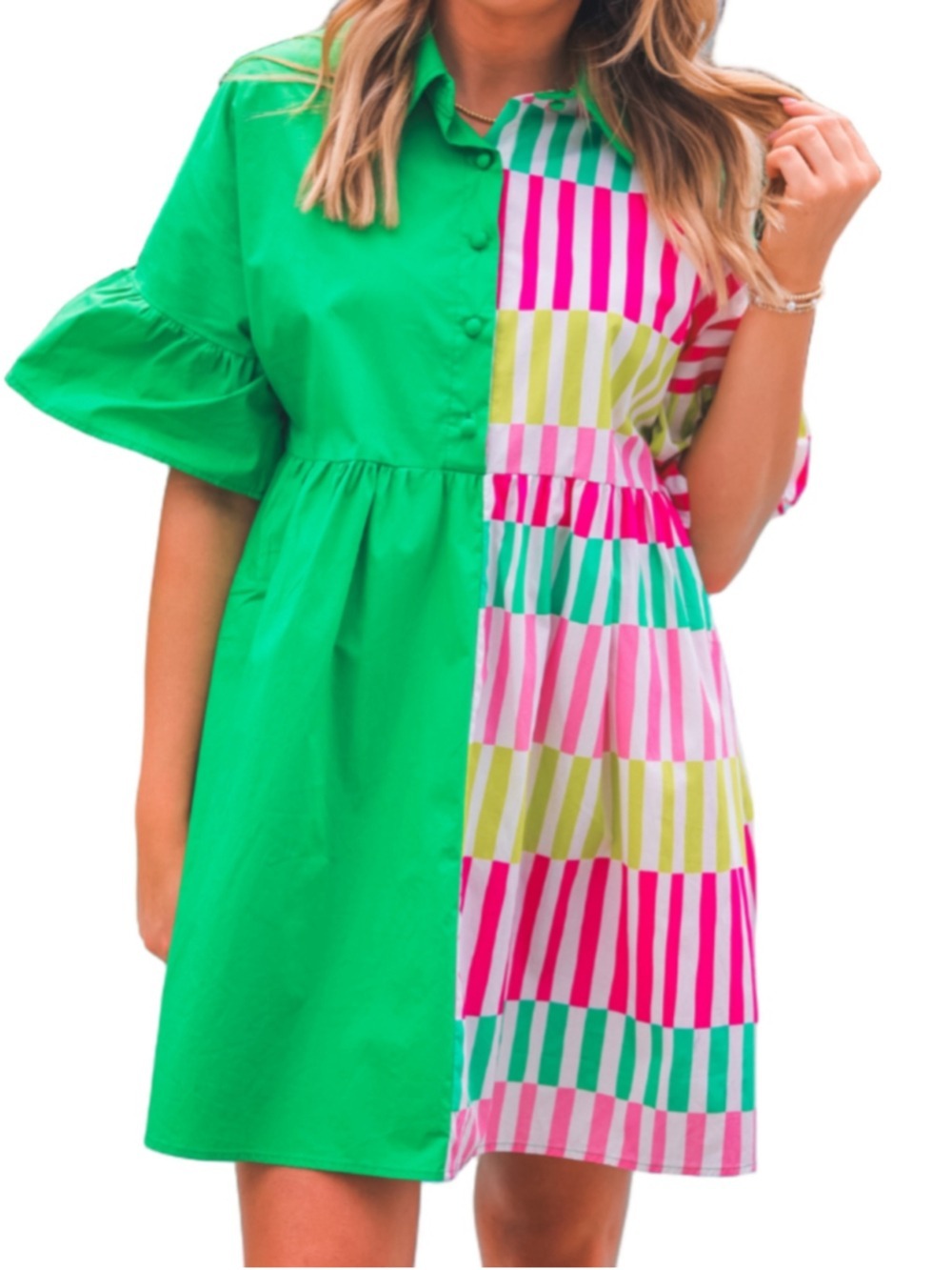 Jess Lea New To Town Dress Green Pink Women's Size Large Tired Ruffle Sleeve